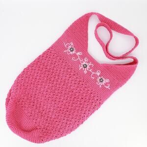 Hot Pink Crochet Handbag Large Bucket Floral Embroidered LInedPurse Shoulder Bag
